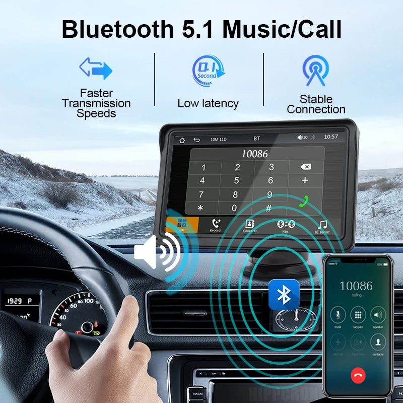 Hippcron 7" Portable Car Multimedia Screen with Wireless CarPlay & Android Auto – Universal Touch Display Player
