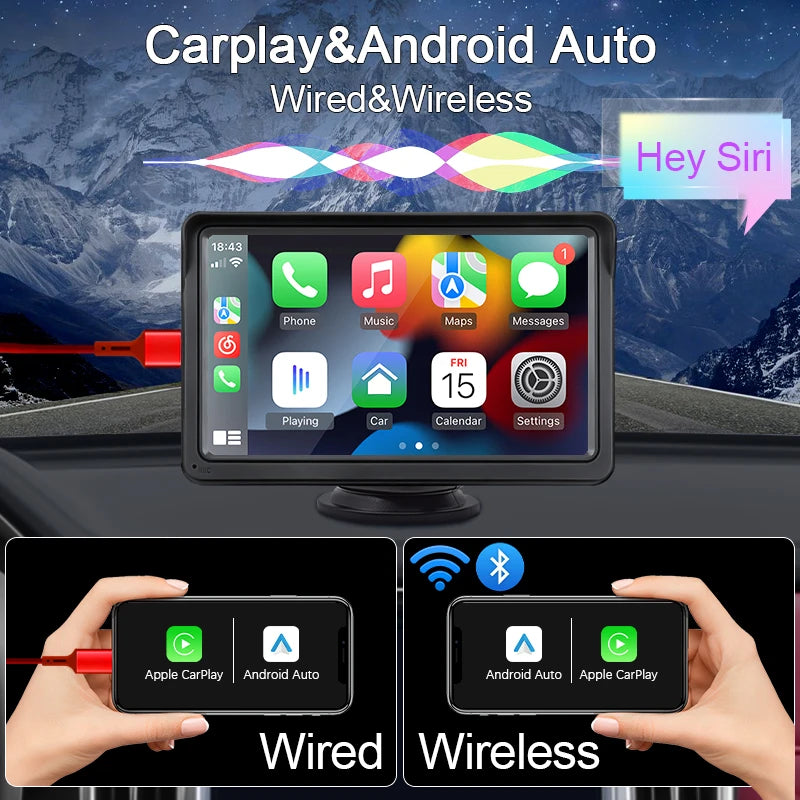 Hippcron 7" Portable Car Multimedia Screen with Wireless CarPlay & Android Auto – Universal Touch Display Player