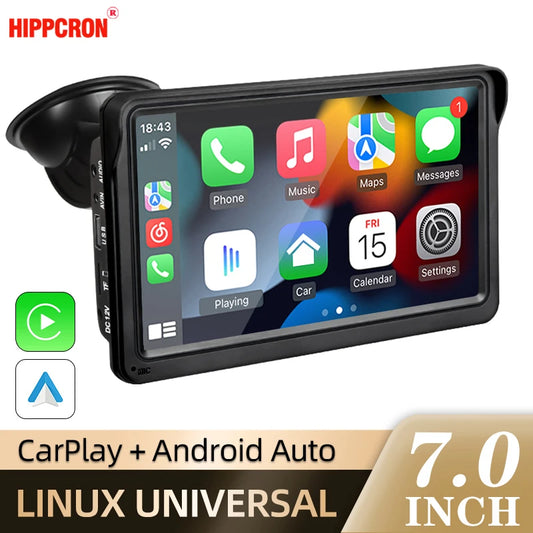 Hippcron 7" Portable Car Multimedia Screen with Wireless CarPlay & Android Auto – Universal Touch Display Player